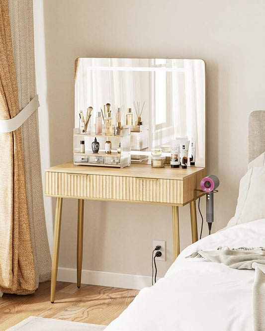 Vanity Desk with Large Mirror and Lights, Small Makeup Vanity Table with 2 Drawers, Dressing Table with 3 Adjustable Lighting Color, Small Makeup Desk for Bedroom, Natural with Gold Leg