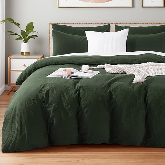 NEXHOME PRO Full Duvet Cover Set – 100% Certified Organic Cotton with Washed Feel & Linen-Like Texture, Comfortable & Breathable, Home Bedding Set Olive Green (No Comforter)