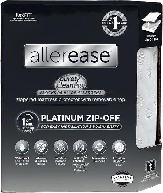 AllerEase Platinum Zip-Off Top Waterproof Mattress Protector Twin 360 Degree Zipper Particle Barrier Temperature Balancing Luxurious Plush Top Separately Machine Washable Mattress Cover (White)