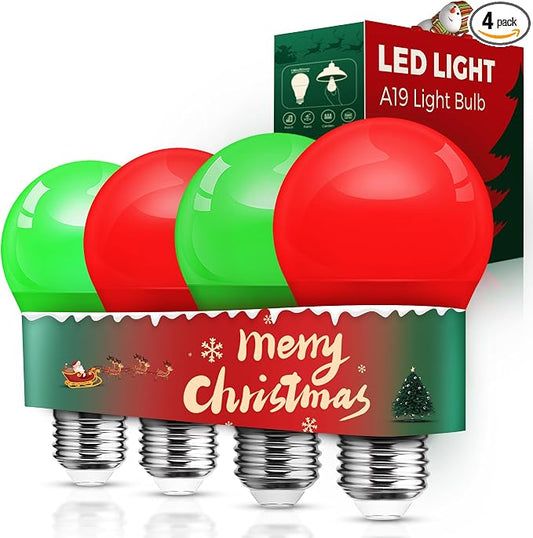L LOHAS LED Red and Green Light Bulbs Outdoor 4 Pack, Red and Green Light Bulbs for Christmas Decoration, A19 9W, 720LM, E26 Base, Non-Dim