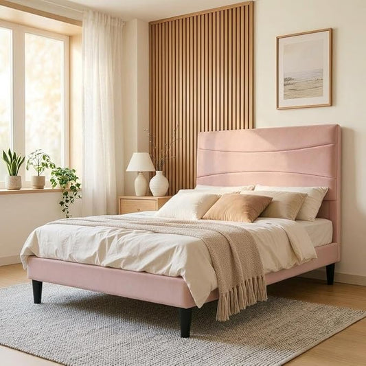 IDEALHOUSE Twin XL Upholstered Platform Bed Frame with Ergonomic Headboard, Beige Soft Fabric, Heavy Duty Wooden Slats, Noise-Free, 6.3" Underbed Storage, No Box Spring Needed, Easy Assembly