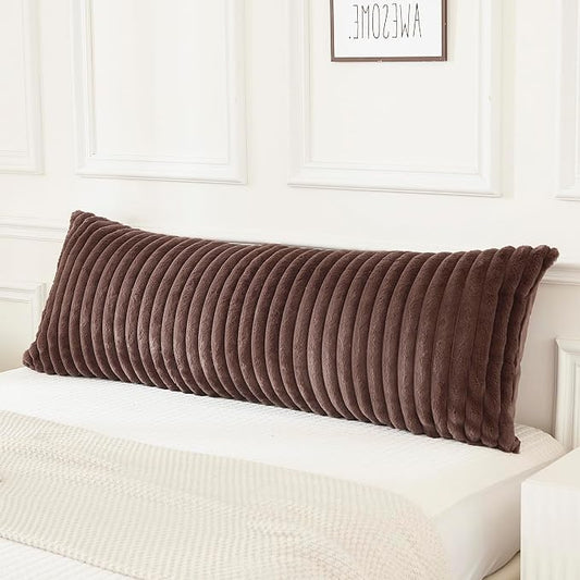 JAUXIO Faux Fur Fluffy Body Pillow Cover Luxury Textured Vertical Stripe Plush Decorative Body Pillowcase, Ultra Soft and Cozy Zipper Closure 21 x 54 Inches, Brown