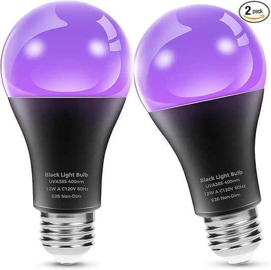 L LOHAS LED UV Black Light Bulbs, Halloween 12W A19 UV Blacklight, 100 Watt Equivalent, UVA Level 385-400nm Wavelength, Glow in The Dark for Body Art Paint, Fluorescent Poster, Neon Glow Party, 2 Pack