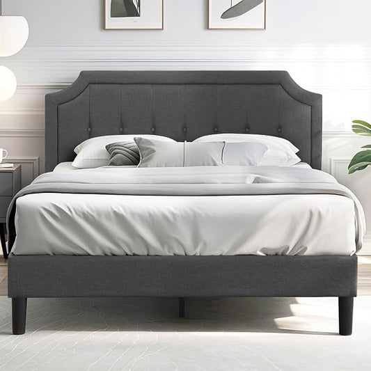 VECELO Full Size Platform Bed Frame with Fabric Upholstered Headboard and Wooden Slats Support, No Box Spring Needed/Easy Assembly,Grey