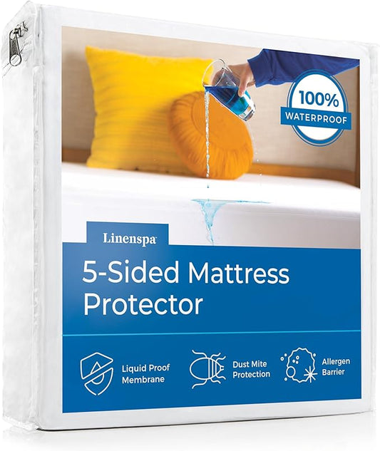 Linenspa 5-Sided Waterproof Mattress Protector – Breathable, Fitted Sheet Style, Machine Washable – Twin Size Mattress Protector, White