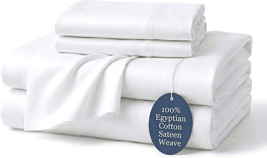100% Egyptian Cotton Sheets King White - Luxury Hotel Collection King Size Sheet Set, Cooling, Smooth & Breathable Sateen Weave, Anti Pilling Extra Long Staple Cotton, 16" Deep Pocket - 4Pc