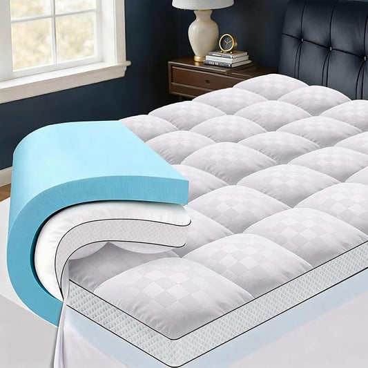Queen Size Dual Layer 4 Inch Memory Foam Mattress Topper, 2 Inch Gel Memory Foam and 2 Inch Pillow Top Mattress Pad Cover, Thick Soft Bed Topper Medium Support for Back Pain, White