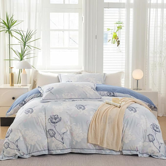 OAITE Duvet Cover Set Twin Size Floral Pattern 500 Thread Count Ultra Soft 100% Cotton Duvet Cover Sets 3-PC, Breathable Duvet Cover with Zipper Closure & Corner Ties