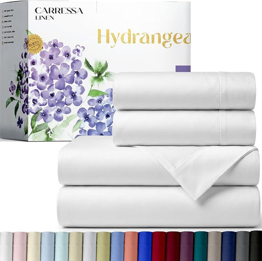 Carressa Linen 100% Egyptian Cotton King Size Sheets Set - 600 Series Hydrangeas Collection Egyptian Cotton Sheets King Size (4 PC, Crisp White), 16" Deep Pocket Sateen Weave Luxury Bed Sheet