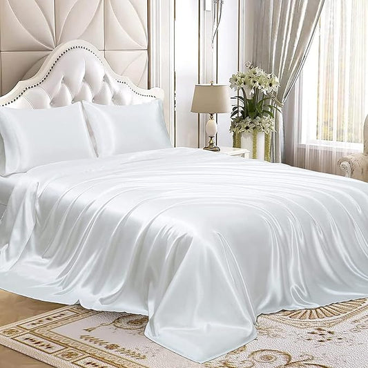 Homiest 3pcs Satin Sheets Set Luxury Silky Satin Bedding Set with Deep Pocket, 1 Fitted Sheet + 1 Flat Sheet + 1 Pillowcase (Twin XL Size, White)