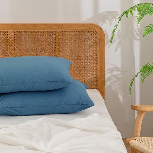 BESTOUCH 100% Washed Cotton Pillowcase for Hair and Skin Linen Feel Soft Comfortable Breathable 2 Set Pillow Case with Envelope Closure Solid Dark Blue Standard 20x26 Inches