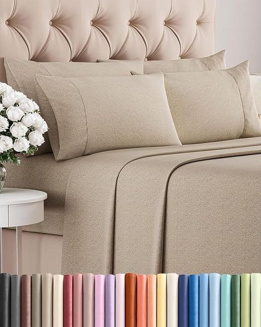 King 6 Piece Sheet Set - Comfy, Breathable & Cooling - Soft Hotel Luxury Bedding for Women, Men, Kids, Teens and Children - 1 Flat & 1 Fitted Sheet & 4 Pillowcases with Deep Pockets - Heathered Beige