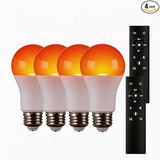 Amber Sleep Light Bulbs with Remote Control, 800LM 9W (60W Equivalent),Circadian Rhythm Light Bulb,Dim,1800K-6500K,E26,2.4G,Warm and Reading Light Bulb for Home Decor,4Bulb&2Remote