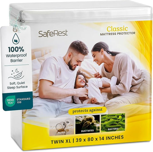 SafeRest Waterproof Mattress Protector Twin XL Size – Absorbent Breathable Soft Fitted Bed Cover with 18" Deep Stretchable Pockets – Machine Washable Twin XL Mattress Cover