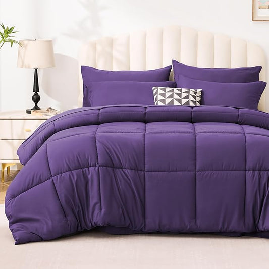 Love's cabin King Size Comforter Set Dark Purple, 7 Pieces King Bed in a Bag, All Season Bedding Sets with 1 Comforter, 1 Flat Sheet, 1 Fitted Sheet, 2 Pillowcase and 2 Pillow Sham | Soft, Breathable, Lightweight, Comfortable