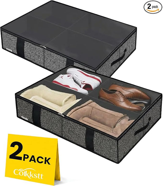 2 Pack Underbed Shoe Storage Organizer, Under Bed Shoe Organizer for Closet, Fits 14 Pairs & 4 Boots, Sturdy Shoe Bags for Storage, Shoe Organizer for Under Bed