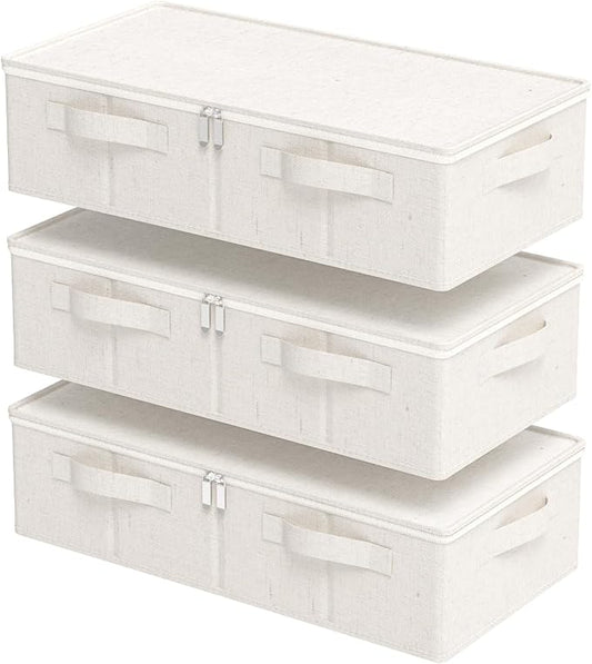 Underbed Storage Box Organizer, Foldable Under Bed Clothes Bags Container, Flat Bins with Lid for Organizing Clothes, Sheets, Blankets, Comforter, 23.6x11.8x5.9in, Beige, 3 Pack