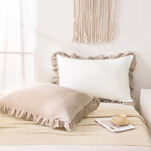 Merryword Taupe Pillow Shams White and Taupe Reversible Standard Pillowcases Cute Pillow Cover Set of 2 Soft Shabby Chic Ruffled Pillowcases 2 Pack (Queen (20''x30''), White Taupe)