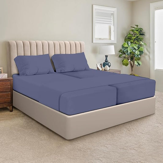 SGI Split King Sheet Set for Adjustable Bed Egyptian Premium Cotton 600 Thread Count Sheet for Sleep Number Bed 15" Deep Pocket 5 Pc Set with 2 Twin XL Fitted Sheets Soft Breathable Mediterranean Blue