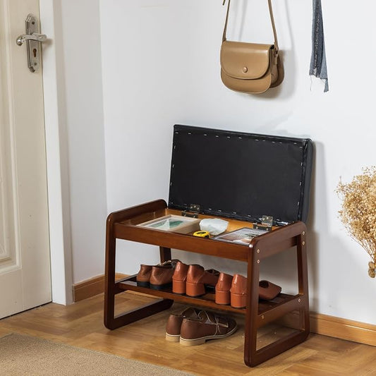 SOBIBO Shoe Bench with Storage - 2-Tier Entryway Bench, Solid Wood Shoe Rack with Cushion & Flip-Open Box, Mid-Century Modern for Hallway, Mudroom, Bedroom (Black, 21.65")