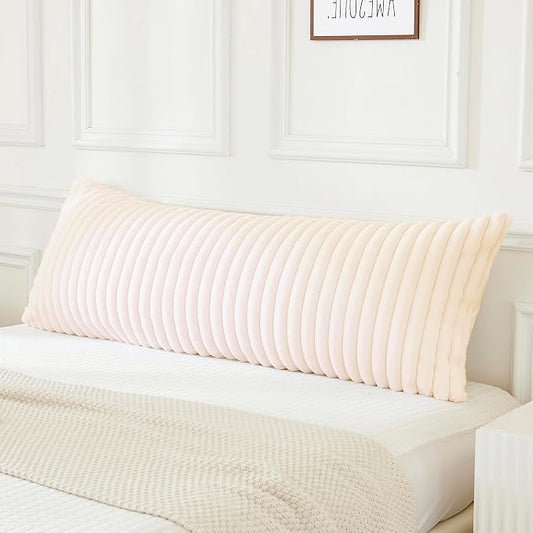 JAUXIO Faux Fur Fluffy Body Pillow Cover Luxury Textured Vertical Stripe Plush Decorative Pillowcase, Ultra Soft and Cozy with Zipper Closure 21 x 54 Inches, Beige