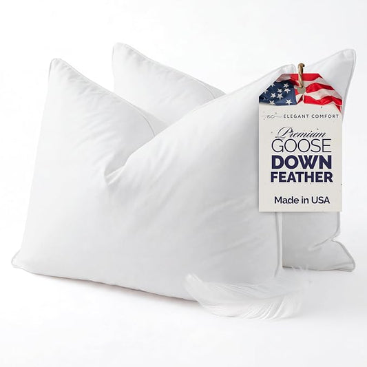 Elegant Comfort Luxury Down Feather 100% Cotton Cover Standard/Queen Size Set of 2 Pillows, Soft and Supportive Premium Hotel Quality Sleeping Pillows for Back, Side and Stomach Sleepers