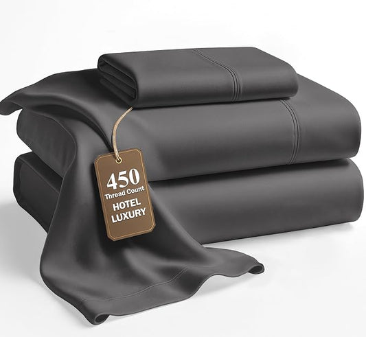 LANE LINEN Twin XL Sheets Set - 450 Thread Count Premium Sateen Weave for Smooth & Gentle Feel On Skin - Extra Soft & Breathable 100% Cotton Sheets Set - Fits Mattresses Upto 15'' Deep - Charcoal