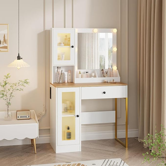 IDEALHOUSE Makeup Vanity Desk with Mirror and Lights, Vanity Table with Charging Station, 2 Open Compartments, 2 Acrylic-Door Cabinets, and RGB Lights Wood Dressing Table for Bedroom
