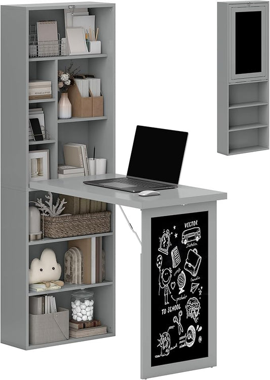 HOMCOM Fold-Out Convertible Writing Table, Computer Desk with Blackboard and Side Shelf Multi-Function Home Office Workstation, Charcoal Gray