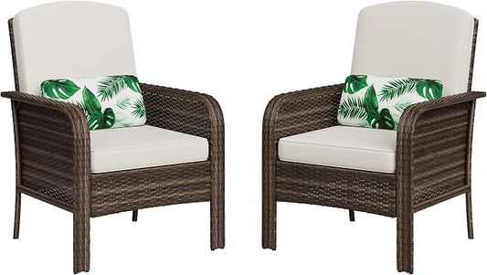 GarveeHome Outdoor Wicker Chairs Set of 2, All-Weather High Back Rattan Patio Furniture, 2-Piece Conversation Set with Comfy Cushions for Porch, Deck, Brown, Beige Cushion