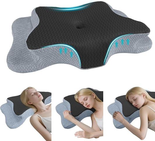 CHxxy Cervical Pillow for Neck Pain Relief, Memory Foam Pillows, Ergonomic Contour Bed Pillow, Soft for Side Sleep Stomach Sleeping and Back Sleepers-Queen Size Black&Dark Grey