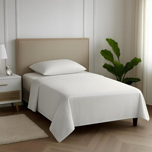 Carressa Linen Striped Egyptian Cotton Sheets Twin XL Size - 600 Series Hydrangeas Collection Damask Twin XL Deep Pockets Sheet Set (3 PC, Ivory Stripe), Sateen Bottom Sheets for Dorm Room