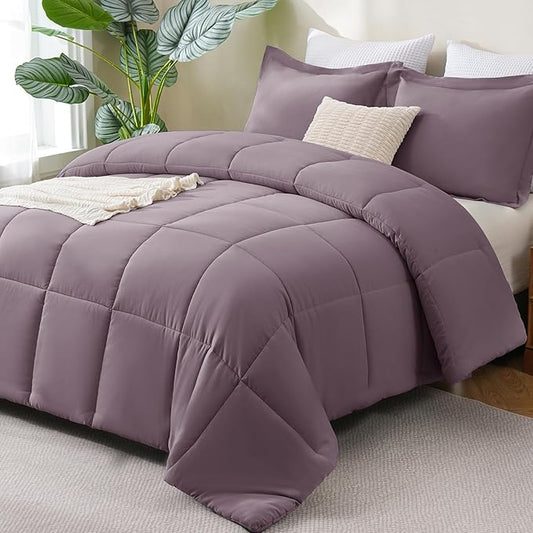 CozyLux Queen Comforter Set - 270GSM Dusty Purple Bedding Sets for All Seasons, 3 Pieces Box Stitched Bed Set with 1 Down Alternative Comforter and 2 Pillow Shams, Soft, Lightweight, Breathable