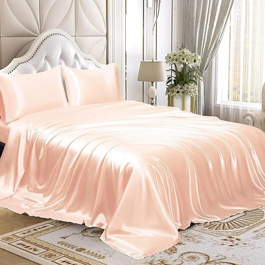 Homiest 3pcs Satin Sheets Set Luxury Silky Satin Bedding Set with Deep Pocket, 1 Fitted Sheet + 1 Flat Sheet + 1 Pillowcases (Twin Size, Champagne)