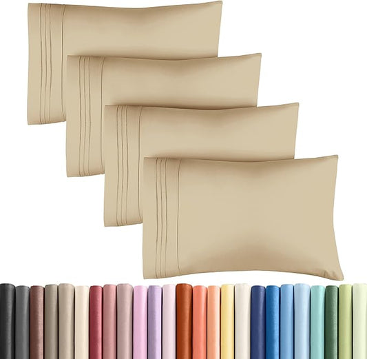 King Pillow Cases Set of 4 - Ultra Soft Hotel Quality Pillowcase Covers - Comfy, Cozy & Wrinkle Free - Shrinkage, Stain and Fade Resistant - Machine Washable Pillow Protectors - 4 Piece Set - Beige