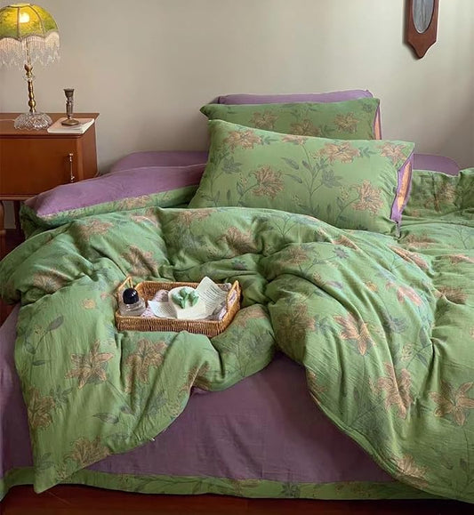 VM VOUGEMARKET Retro Flower Duvet Cover King,3Pcs Yarn-Dyed French Linen Jacquard Duvet Cover Set Mint Green Purple Bedding Set for Girls Women Without Comforter