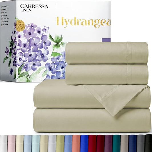 Carressa Linen 100% Egyptian Cotton Full Size Sheets - 600 Series Hydrangeas Collection Full Size Egyptian Cotton Sheets (4 PC, Sand), 16" Deep Pocket Sateen Weave Luxury Hotel Bed Sheet Set
