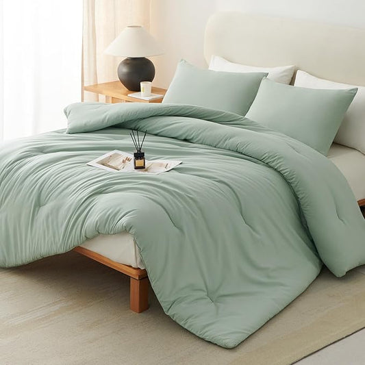 CozyLux Oversized King Comforter Set Sage Green, 3 Pieces 120x98 Solid Breathable Quilted Bedding Sets All Seasons, Luxury Soft Lightweight Bed Set with Down Alternative Comforter and 2 Pillowcases