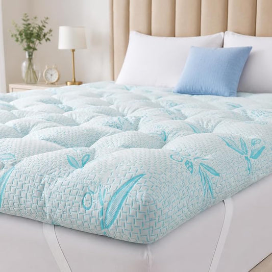 SHOUREN Memory Foam Mattress Topper King 4-5 Inch, 2100 GSM Pillow Top, Blue Bamboo-Viscose Cover, Plush Gel Memory Foam & 3D Fiber Fill, Elastic Straps, Machine Washable, 80x78
