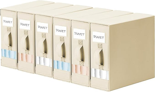 DIMJ Bed Sheet Organizers and Storage 6 Pack - Foldable Sheet Holder for Linen Bedding Storage Box for organization, Sheets Set Holder for Blanke, Towel (King & Queen Size), Beige