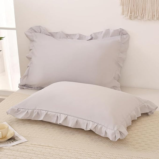 Merryword Beige Gray Pillowcases King Pillowcases Ruffled Pillow Shams Set of 2 Cute Pillowcases Solid Ruffled Fringe Design Light Gray Shabby Chic Pillowcases 2 Pack (King (20''x36''), Beige Gray)
