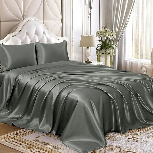 Homiest 4pcs Satin Sheets Set Luxury Silky Satin Bedding Set with Deep Pocket, 1 Fitted Sheet + 1 Flat Sheet + 2 Pillowcases (Queen Size, Dark Grey)