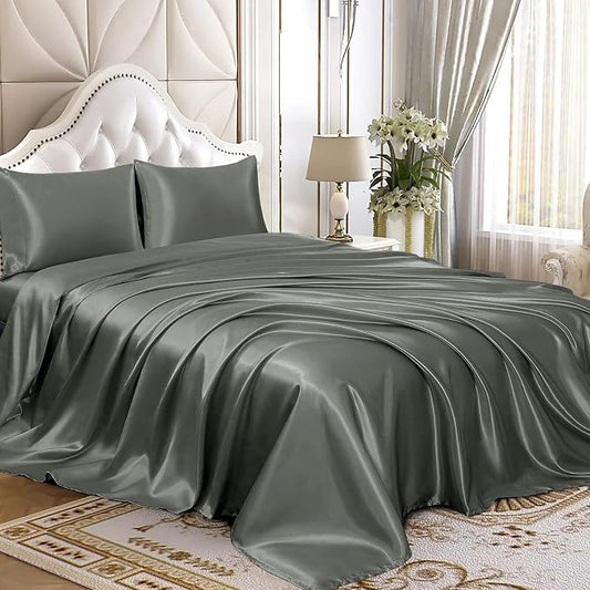Homiest 4pcs Satin Sheets Set Luxury Silky Satin Bedding Set with Deep Pocket, 1 Fitted Sheet + 1 Flat Sheet + 2 Pillowcases (Full Size, Dark Grey)