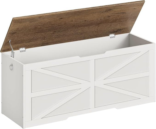 CHOEZON Storage Chest, 47.2" Wooden Storage Trunk, Modern Storage Bench with Safety Hinge, Toy Box, Farmhouse Style, for Bedroom, Living Room, Walnut and White MCW16WL