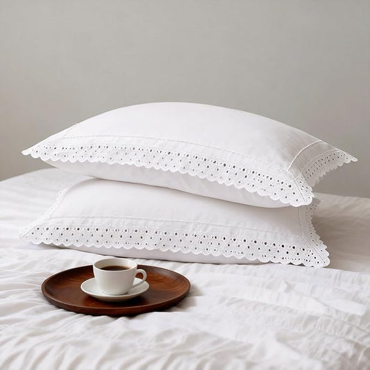 CHUFFED 100% French Linen Pillowcases with Embroidery Lace,French Vintage Style Stone Washed Breathable Pillow Covers Standard Size Set of 2 with Envelope Closure for Decor,20x26 inches, White