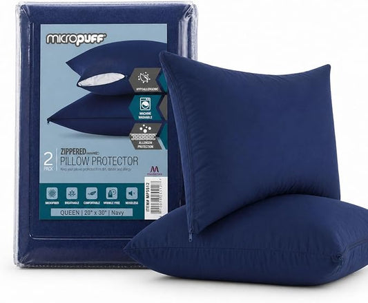 Micropuff Pillow Protectors with Zipper Queen Size Navy - Premium Brushed Microfiber Pillow Covers, Hypoallergenic Pillowcases with Zipper (2 Pack, Queen 20x30)