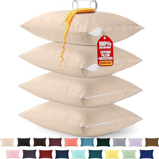 Utopia Bedding Premium 100% Waterproof Pillow Protectors with Zipper Standard Size (Set of 4), Bed Bug and Dust Mite Proof Zippered Pillow Covers, Pillow Encasement Cases, Beige