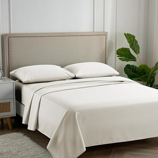 Carressa Linen Luxury Egyptian Cotton King Stripe Sheet Set - 600 Series Hydrangeas Collection Long Staple King Damask Sheets Set (4 PC, Ivory Stripe), Soft Sateen Sheets Upto 18 in Deep Pocket