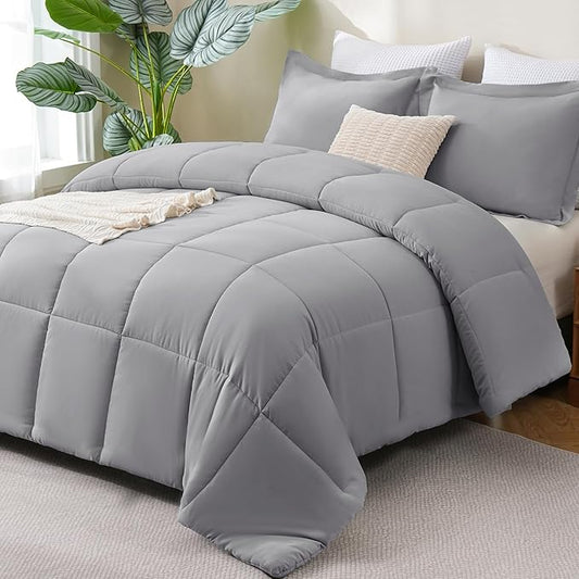 CozyLux King Size Comforter Set - 270GSM Grey Bedding Sets for All Seasons Size, 3 Pieces Box Stitched Bed Set with 1 Down Alternative Comforter and 2 Pillow Shams, Soft, Lightweight, Durable