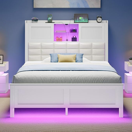 Rolanstar Bed Frame Twin Size with Charging Station, Bookcase Headboard Bed with LED Light and Sliding Doors, Platform Bed with Wooden Slats, No Box Spring Needed, Noise Free, White